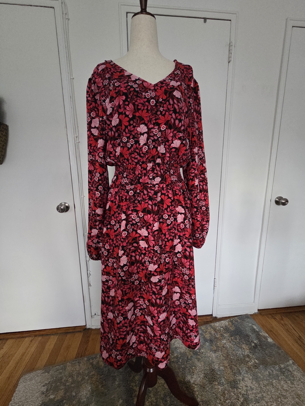 Draper James Pink and Red Floral V-Neck Long Sleeve Midi Dress